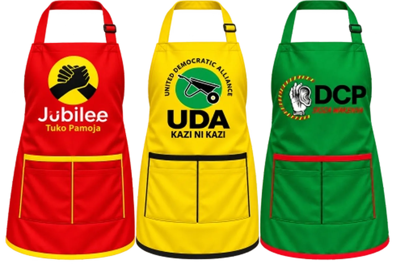 Red, yellow and green branded campaign aprons