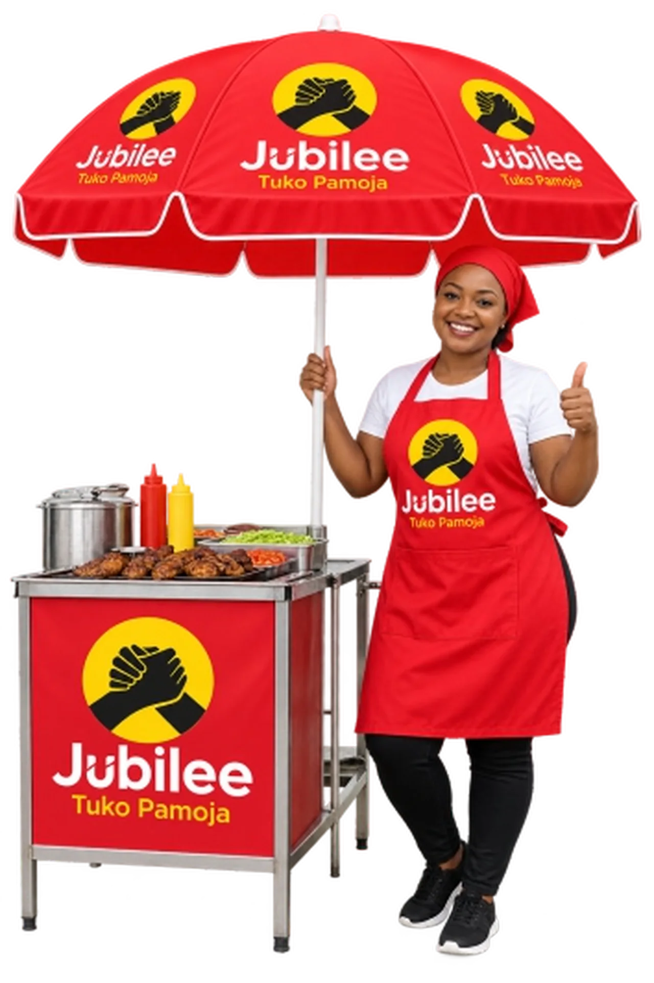 Campaign activation stand with a branded parasol and apron