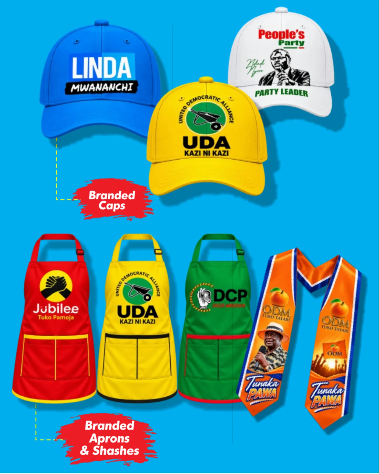 Client-supplied examples of branded campaign caps, aprons and sashes